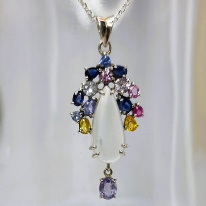 3ct Moonstone Sapphire and Tanzanite Floral Platinum Silver Pendant Necklace