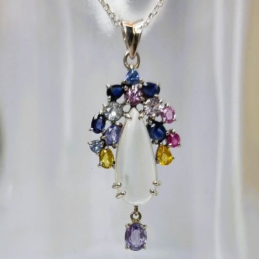 3ct Moonstone Sapphire and Tanzanite Floral Platinum Silver Pendant Necklace