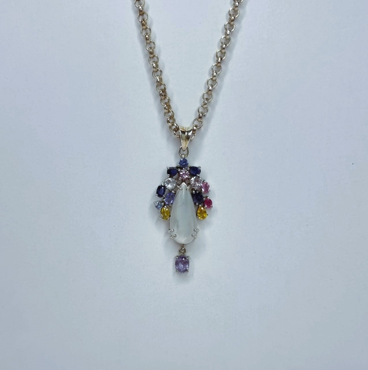 3ct Moonstone Sapphire and Tanzanite Floral Platinum Silver Pendant Necklace