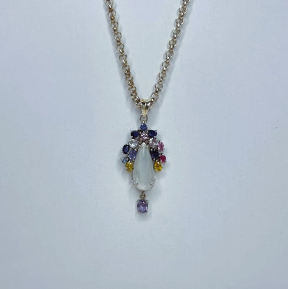 3ct Moonstone Sapphire and Tanzanite Floral Platinum Silver Pendant Necklace