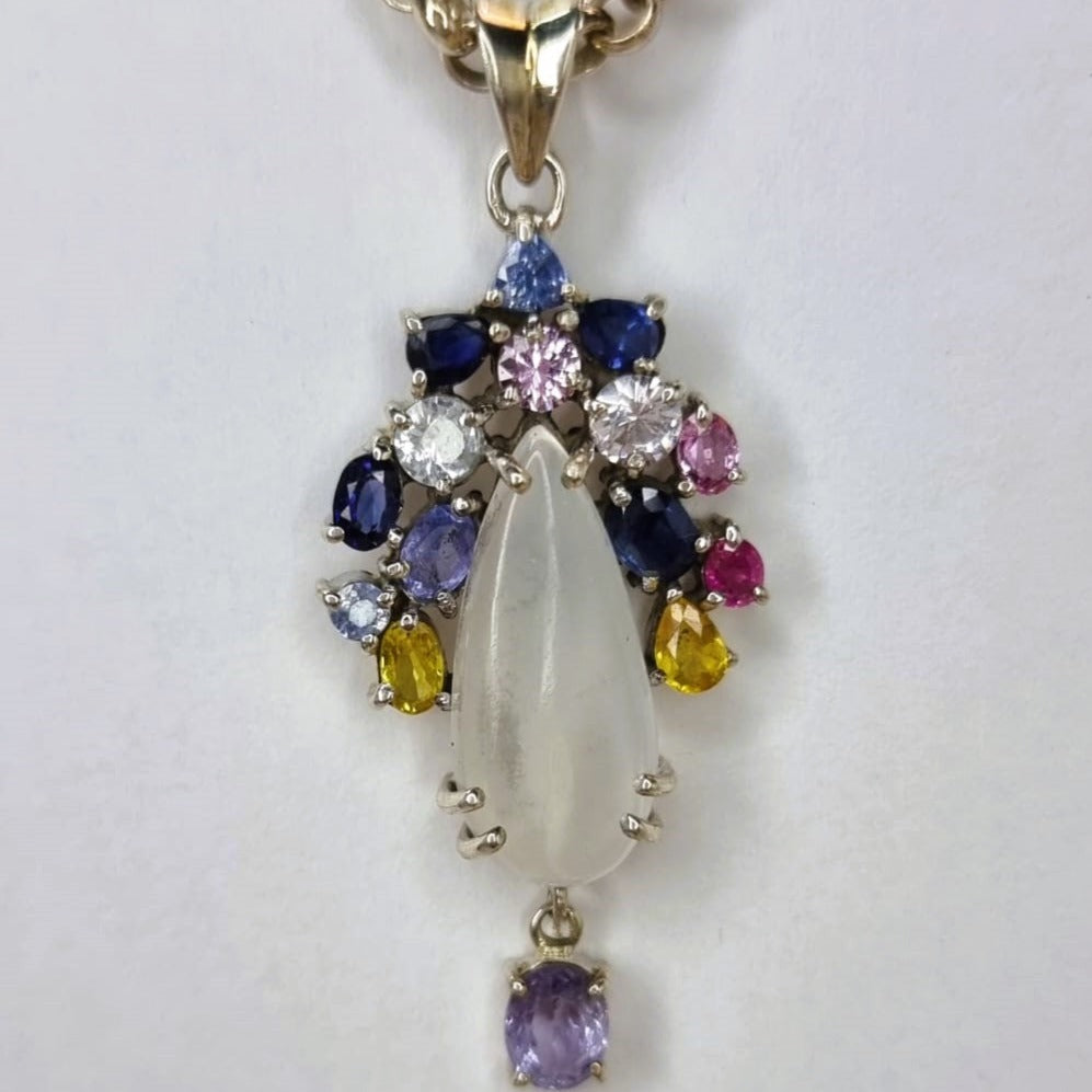 3ct Moonstone Sapphire and Tanzanite Floral Platinum Silver Pendant Necklace