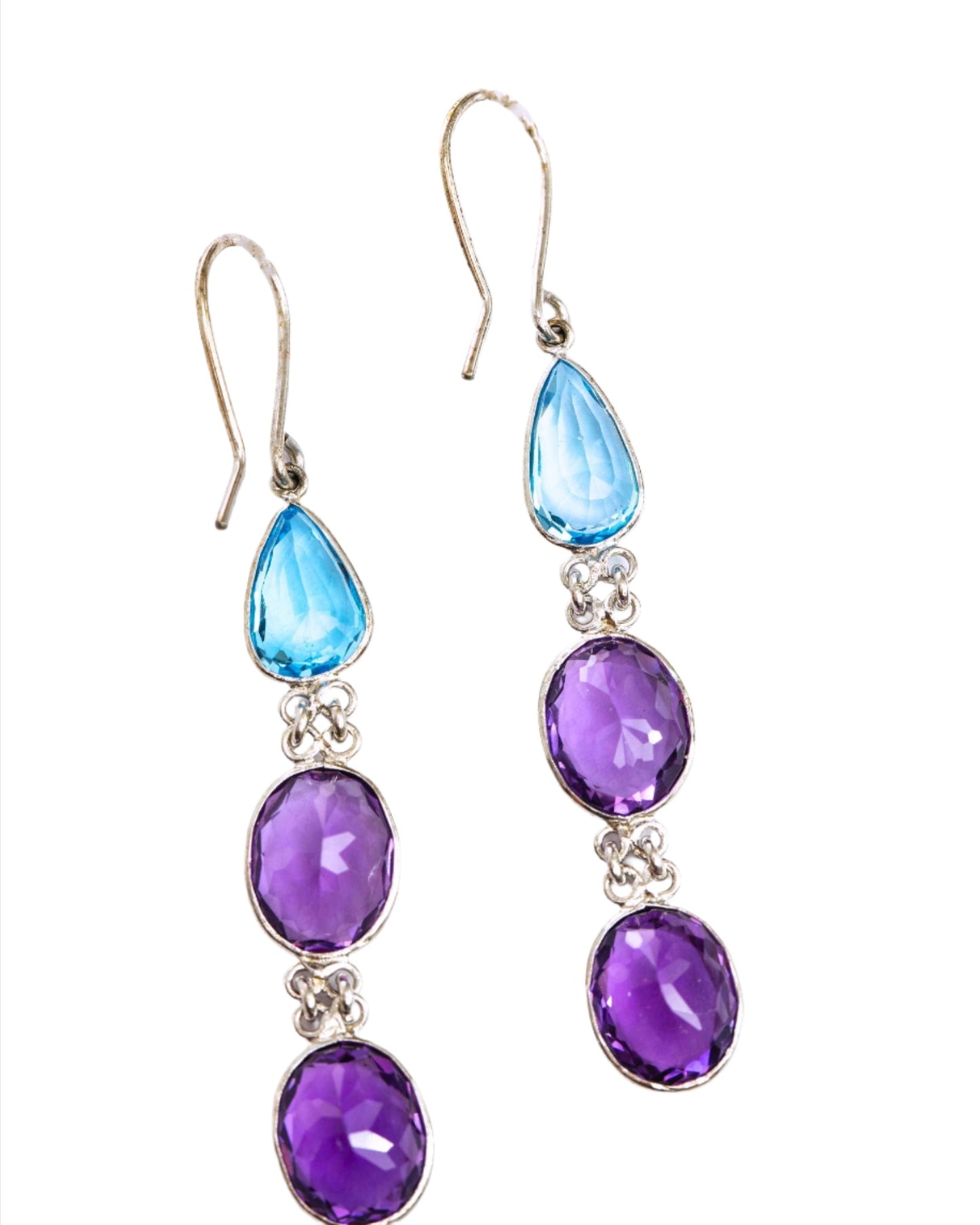 6ctw Blue Topaz Amethyst Dangle Silver Earrings Platinum 