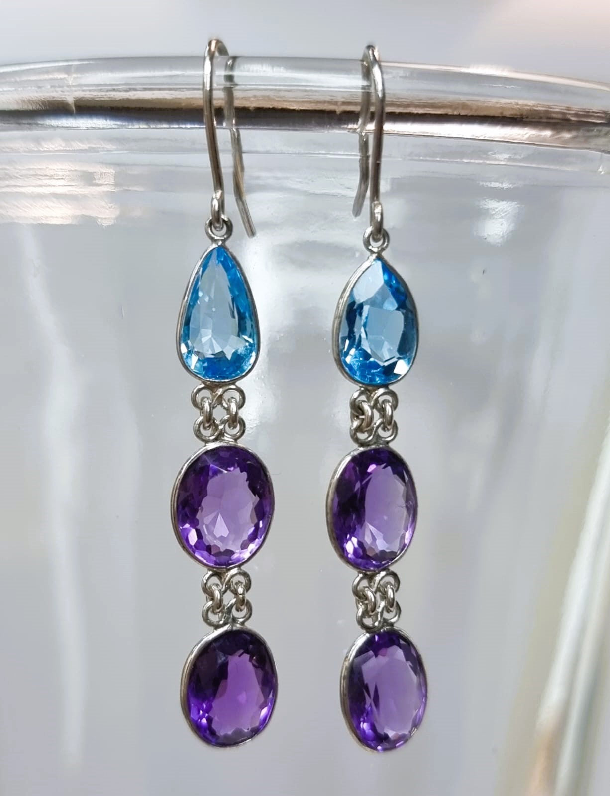 6ctw Blue Topaz Amethyst Gemstone Drop Earrings