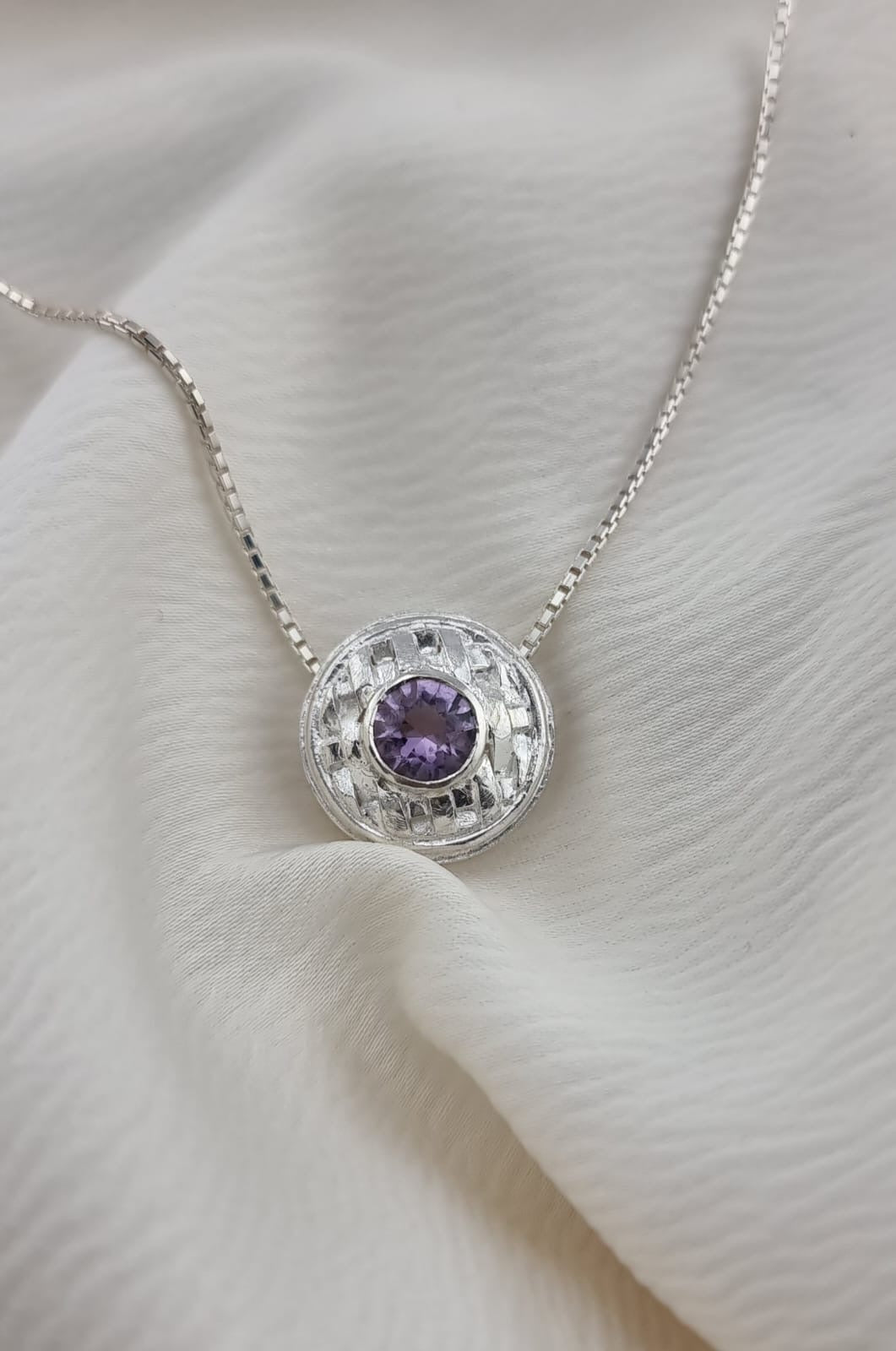 Sterling Silver Basket Weave Pendant Necklace with 4mm Amethyst