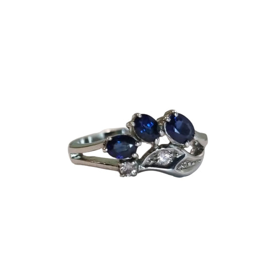 .90ctw Oval Blue Sapphire 3stone Leaf Ring - Hanna Boya