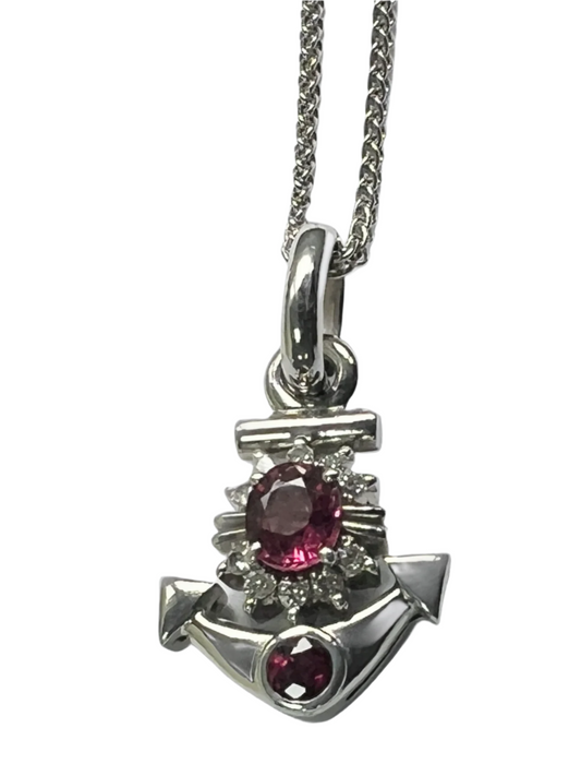 Natural Ruby & Diamond Anchor Pendant Necklace in Platinum Coated Silver featuring a vivid red ruby centerpiece with diamond accents on a rope chain.