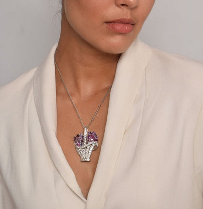 Pink Sapphire Brooch Pendant worn as a necklace, highlighting its versatility and refined elegance in fine jewelry for formal apparel.