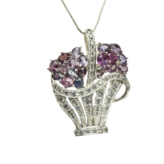 Pink Sapphire Brooch Pendant featuring 20 natural sapphires in a floral basket design with zircon accents, ideal for elegant jewelry collections.