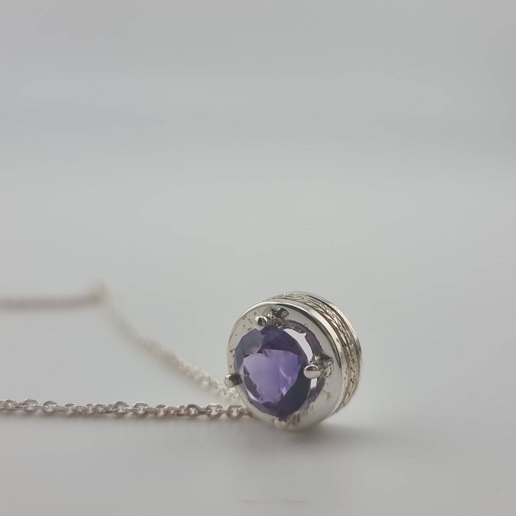 Natural Round Amethyst Necklace Pendant Textured Sterling Silver - Hanna Boya