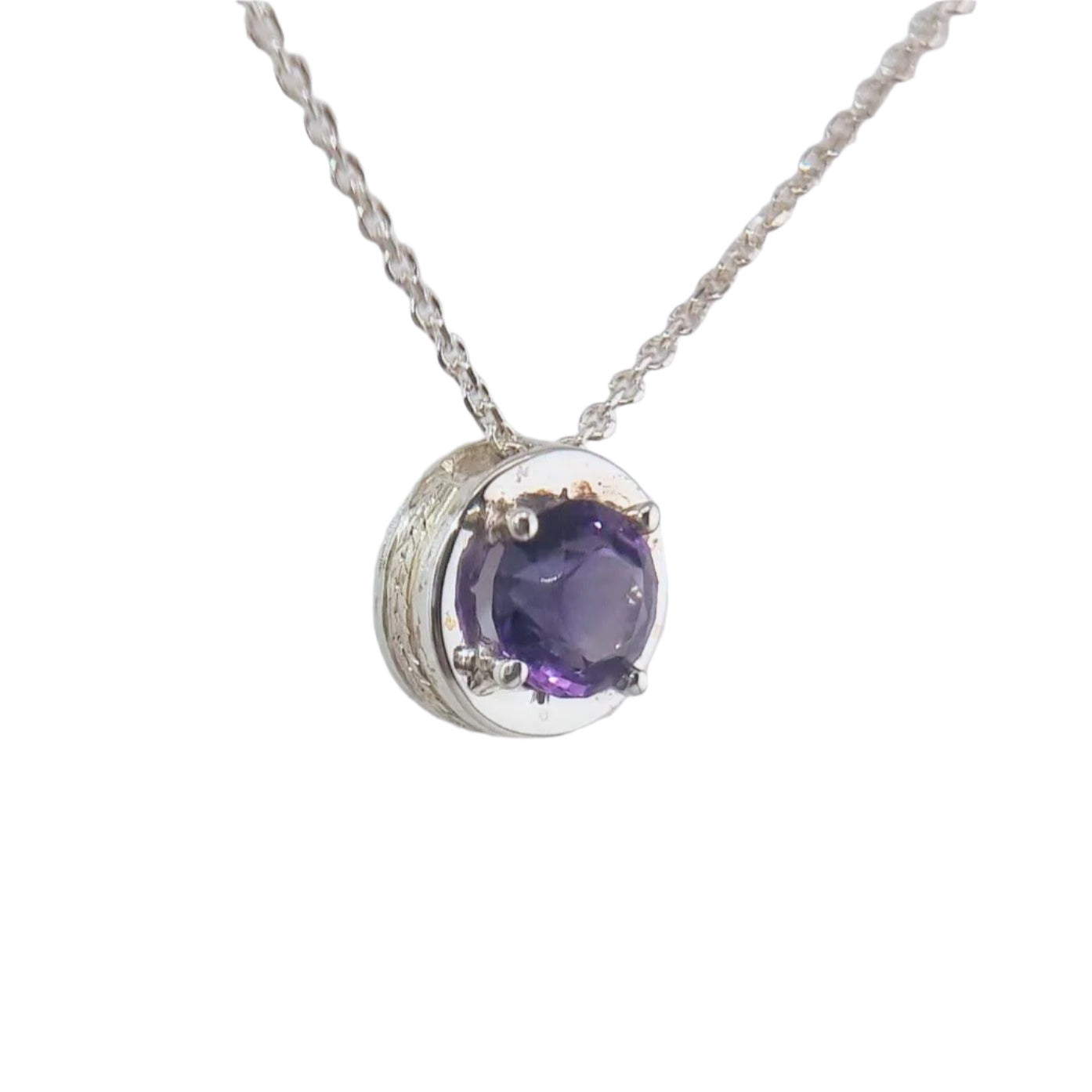 Natural Round Amethyst Necklace Pendant Textured Sterling Silver - Hanna Boya