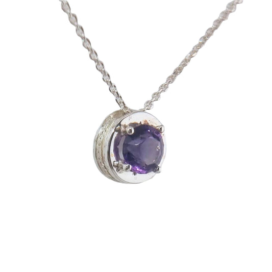 Natural Round Amethyst Necklace Pendant Textured Sterling Silver - Hanna Boya