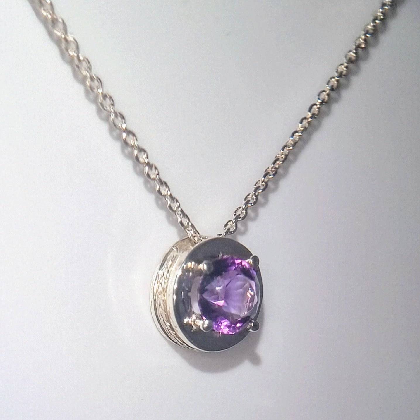 Natural Round Amethyst Necklace Pendant Textured Sterling Silver - Hanna Boya