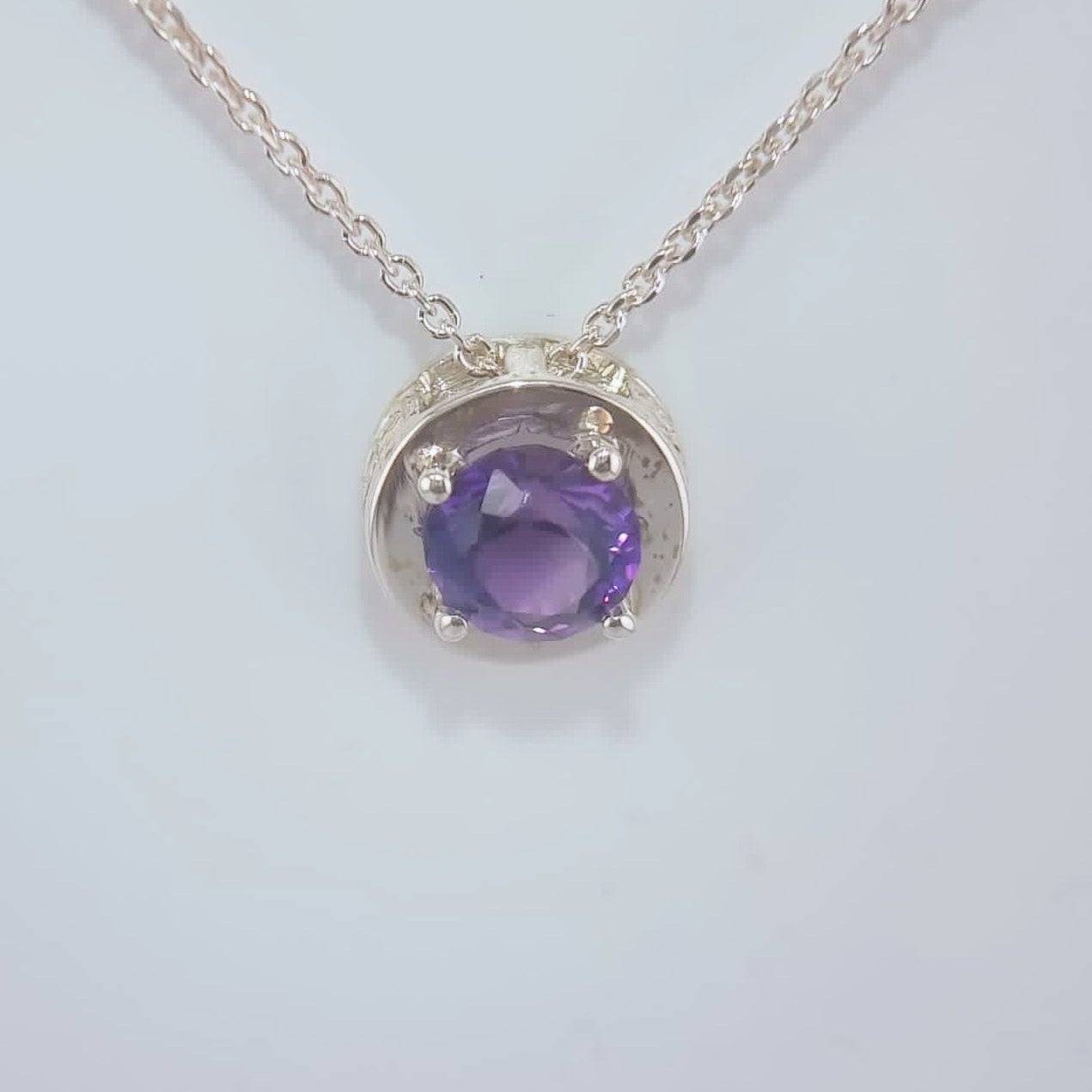 Natural Round Amethyst Necklace Pendant Textured Sterling Silver - Hanna Boya