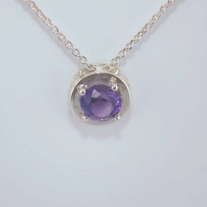 Natural Round Amethyst Necklace Pendant Textured Sterling Silver - Hanna Boya