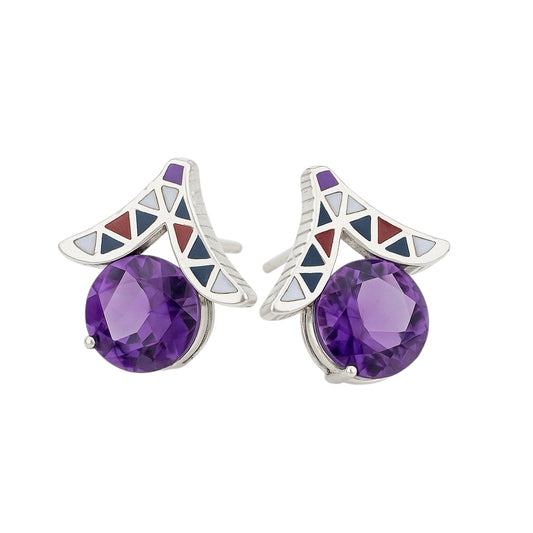 Handcrafted amethyst silver earrings with resin inlay featuring geometric patterns inspired by traditional Limpopo hut design. Round purple gemstones set in sterling silver.