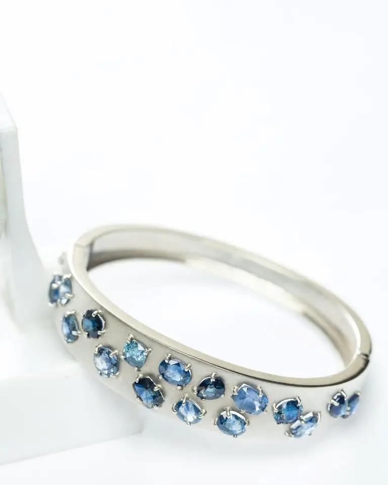 16ctw Natural Blue Sapphire Platinum Silver Bangle Bracelet