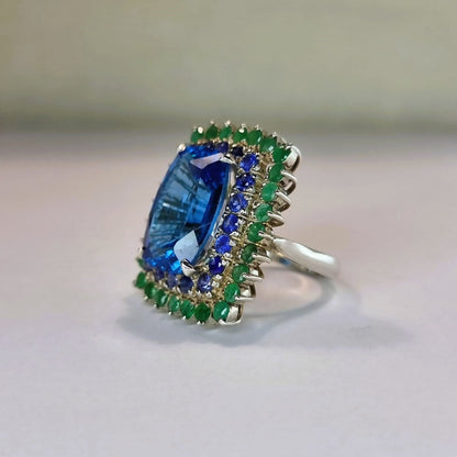 13ct Blue Topaz With Natural Green Emerald & Blue Sapphire Cocktail Ring - Hanna Boya