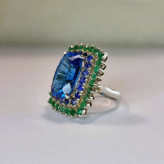 13ct Blue Topaz With Natural Green Emerald & Blue Sapphire Cocktail Ring - Hanna Boya