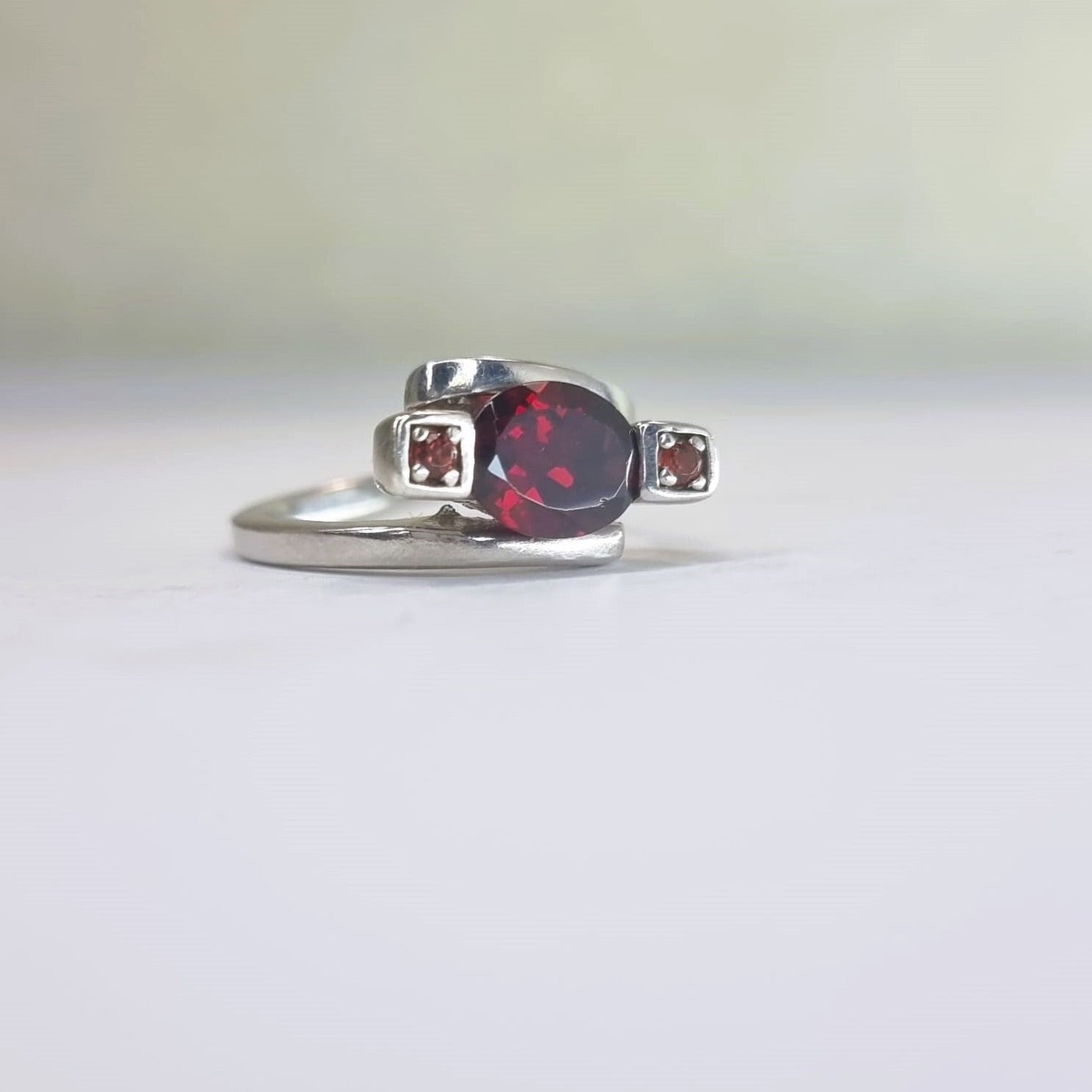 2ct Oval Rhodolite Red Garnet Silver 3 stone Ring - Hanna Boya