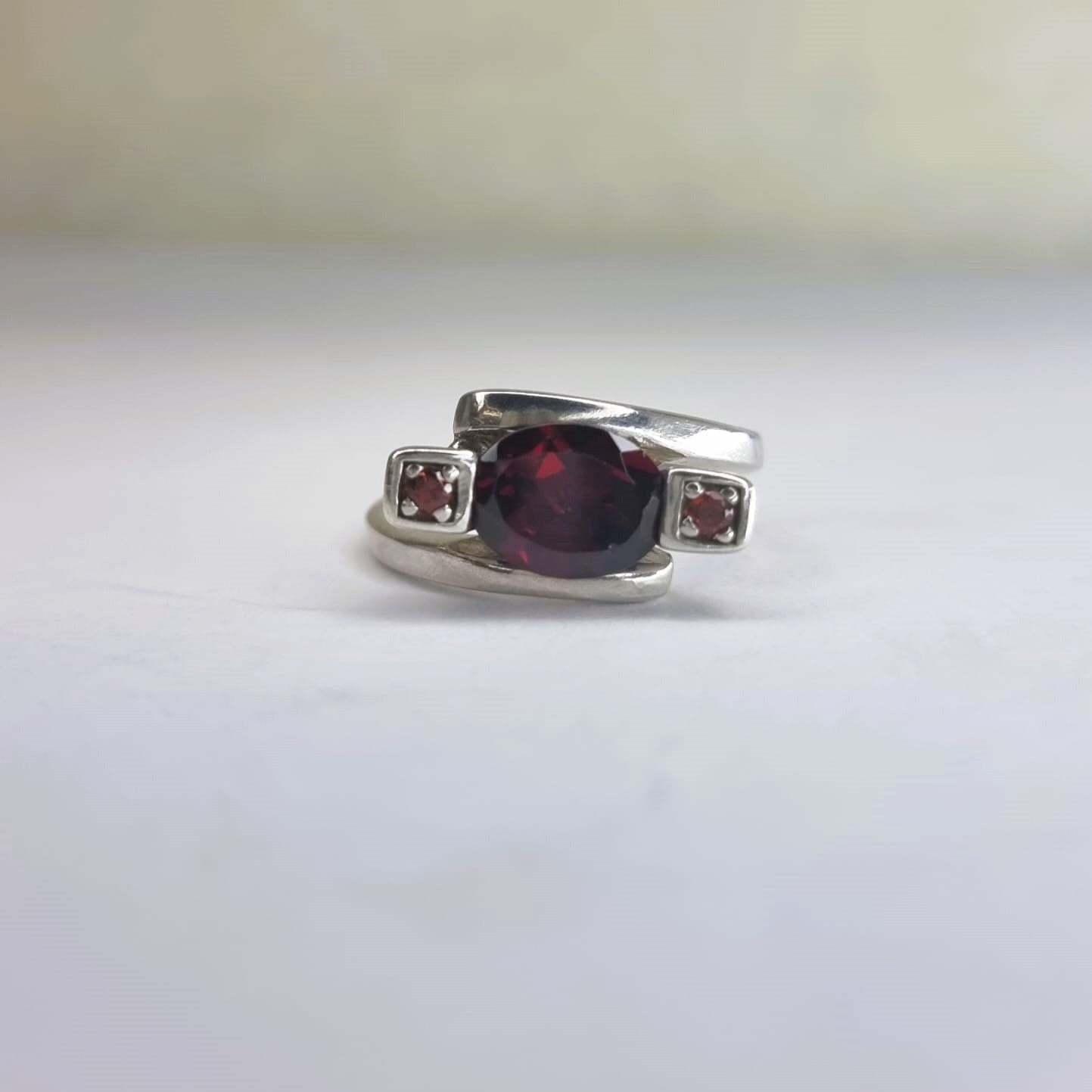 2ct Oval Rhodolite Red Garnet Silver 3 stone Ring - Hanna Boya