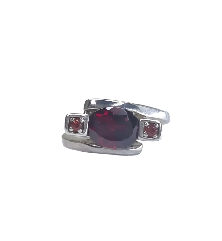 2ct Oval Rhodolite Red Garnet Silver 3 stone Ring - Hanna Boya