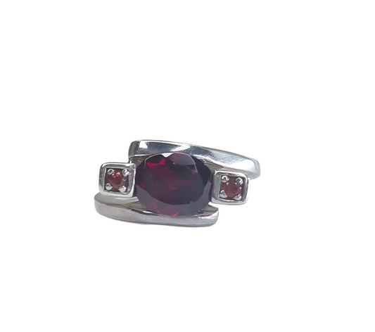 2ct Oval Rhodolite Red Garnet Silver 3 stone Ring - Hanna Boya