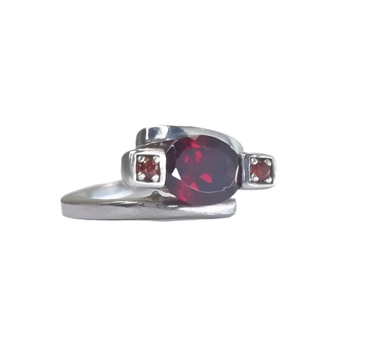 2ct Oval Rhodolite Red Garnet Silver 3 stone Ring - Hanna Boya