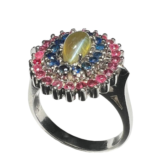 Elegant Cat's Eye Chrysoberyl and Sapphire Cocktail Ring with a striking oval cat's eye gemstone, surrounded by vibrant blue and pink sapphires.