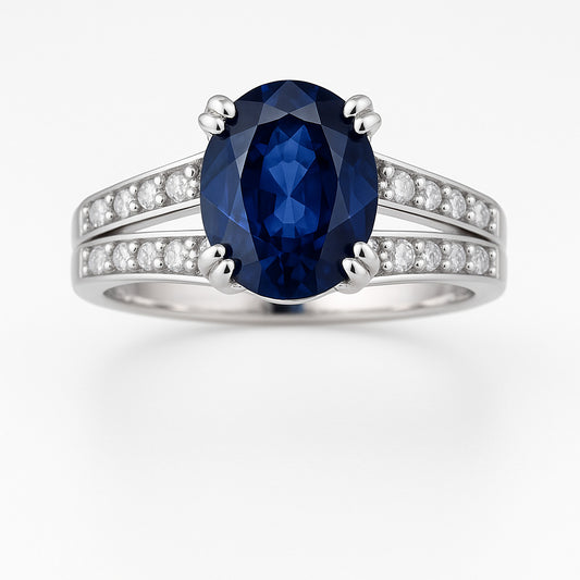1.5ct Oval Blue Sapphire Double Band  Engagement Ring - Hanna Boya
