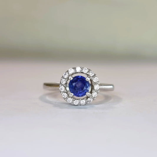 1.5ct Round Natural Blue Sapphire Floating Halo  Engagement Ring - Hanna Boya
