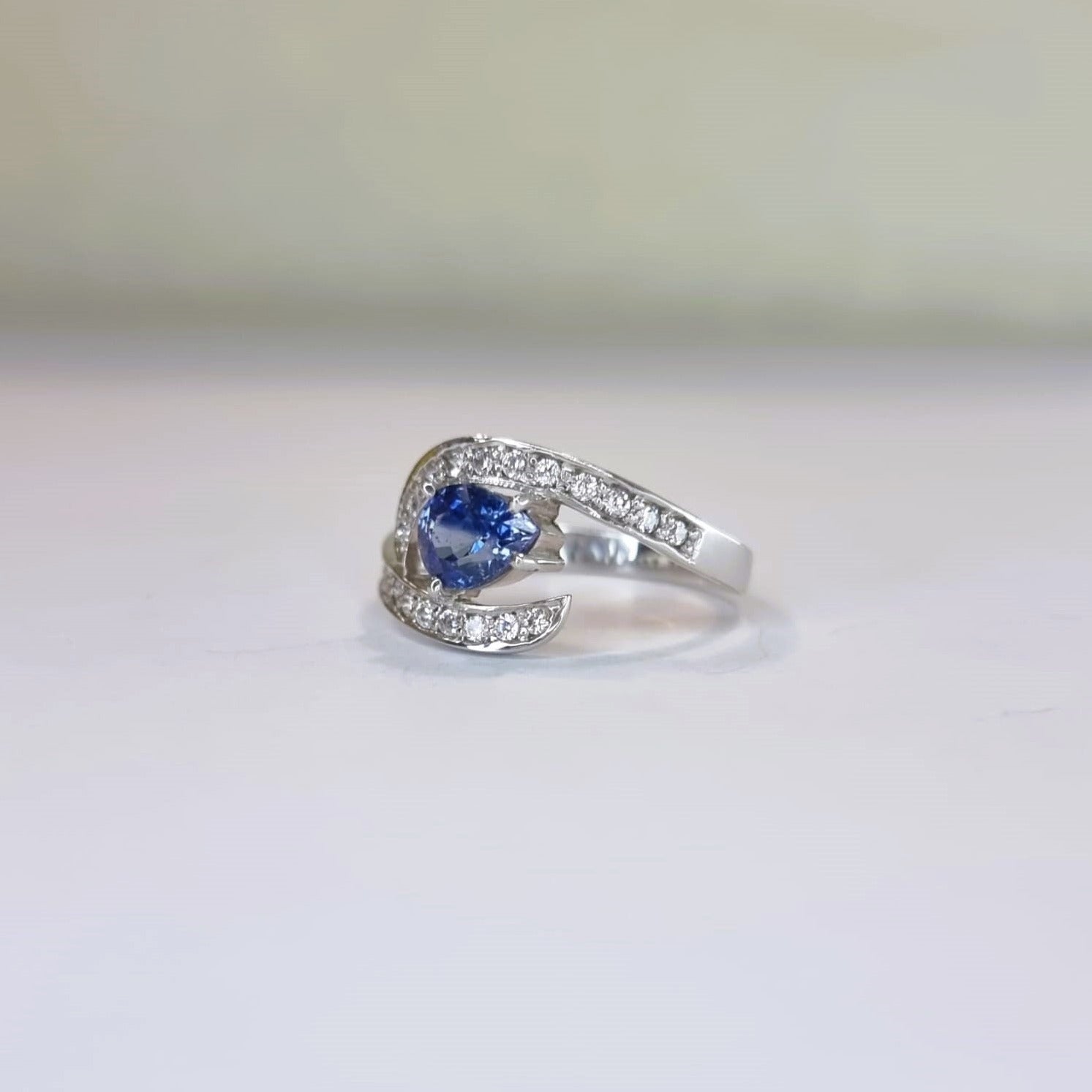 1ct Pear Cut Natural Blue Sapphire Engagement Ring - Hanna Boya