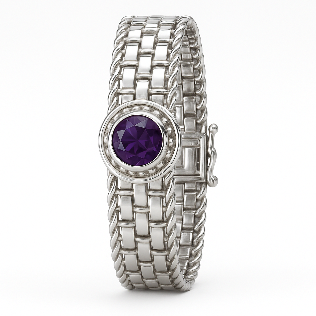 Angled view of Handmade Basotho Bracelet in Rhodium Plated Silver with a faceted amethyst centerpiece and braided silver band. Unique Jewelry - Hannaboya Jewelry.