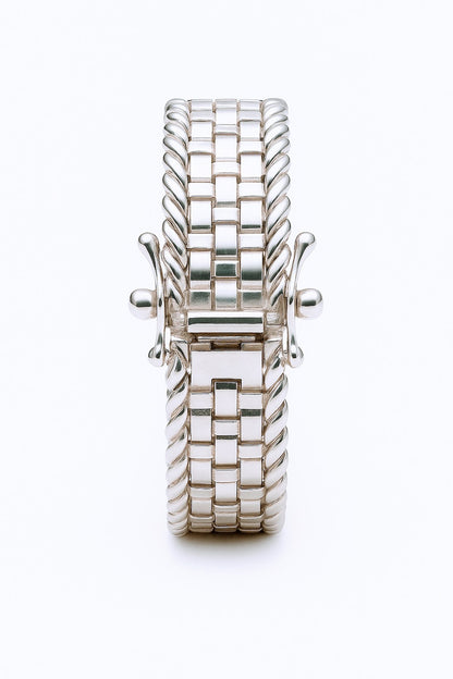 Side view of Handmade Basotho Bracelet in Rhodium Plated Silver showing secure clasp and intricate silverwork. Unique Jewelry - Hannaboya Jewelry.