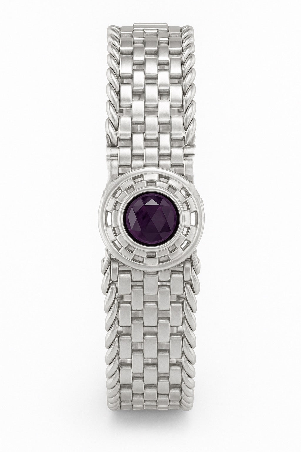 Handmade Basotho Bracelet in Rhodium Plated Silver featuring a round amethyst centerpiece and woven sterling silver band. Unique Jewelry - Hannaboya Jewelry.
