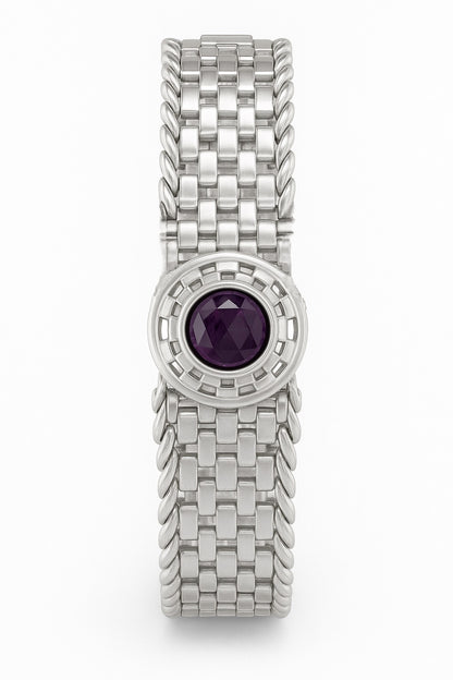 Handmade Basotho Bracelet in Rhodium Plated Silver featuring a round amethyst centerpiece and woven sterling silver band. Unique Jewelry - Hannaboya Jewelry.