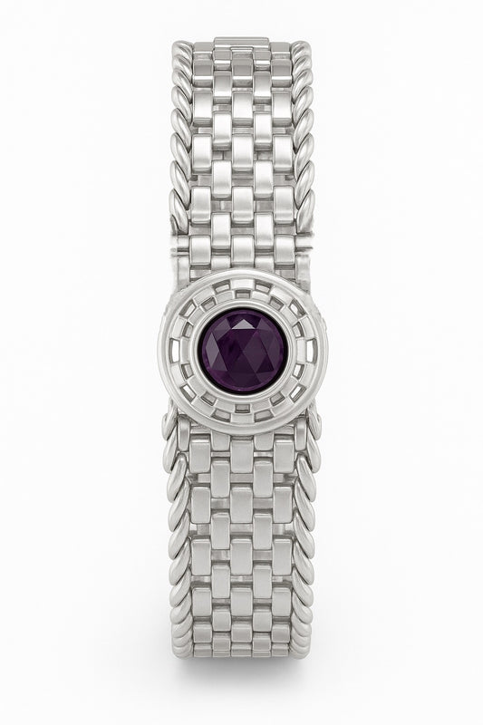 Handmade Basotho Bracelet in Rhodium Plated Silver featuring a round amethyst centerpiece and woven sterling silver band. Unique Jewelry - Hannaboya Jewelry.