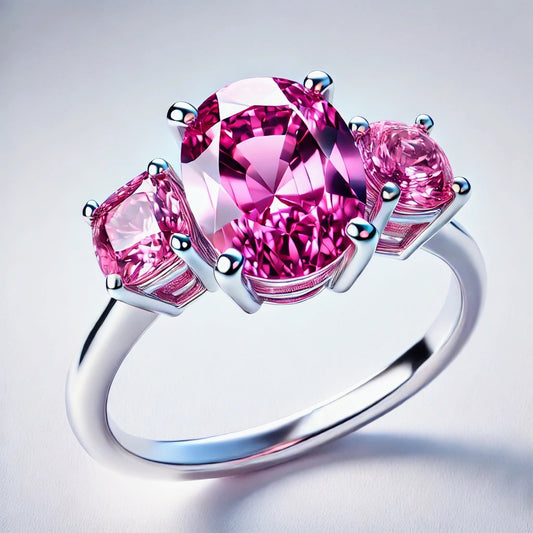 Unique jewelry piece featuring a 3-stone natural pink sapphire ring in platinum with a vibrant oval center gem and two side stones.
