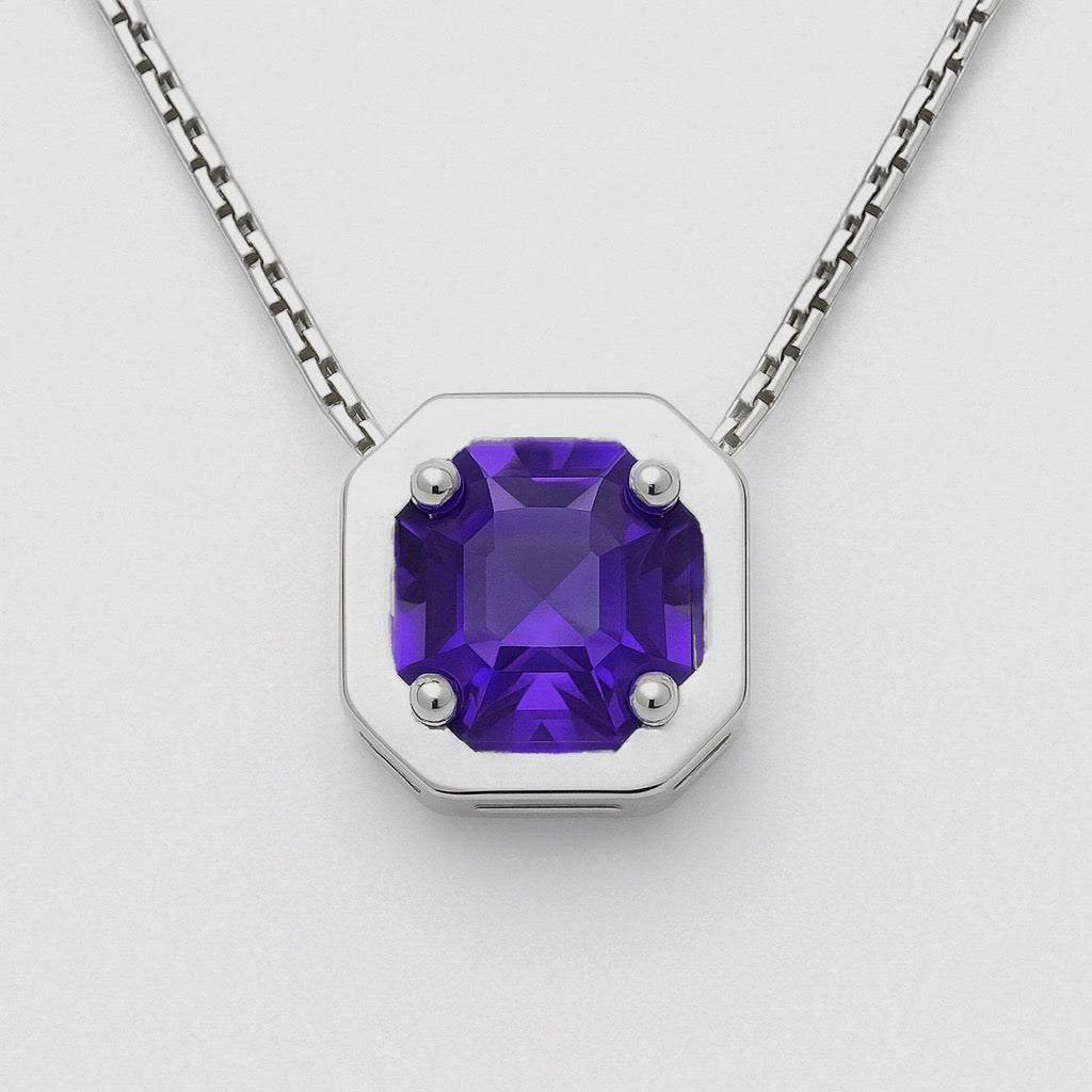 High-resolution image of amethyst pendant necklace in sterling silver with box chain. Features a vibrant octagonal gemstone centerpiece.