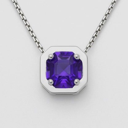 High-resolution image of amethyst pendant necklace in sterling silver with box chain. Features a vibrant octagonal gemstone centerpiece.