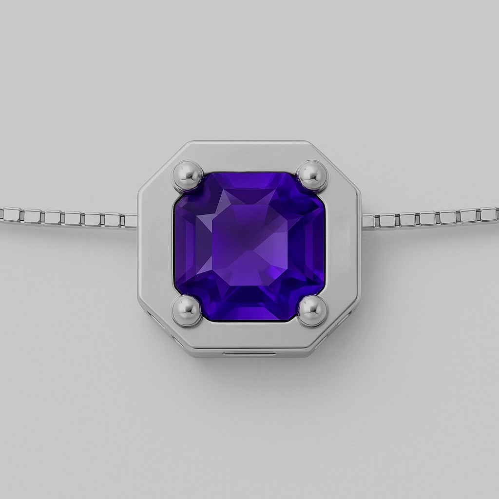 Front view of octagonal amethyst pendant in sterling silver with precision-cut gemstone. A luxurious addition to any jewelry collection.