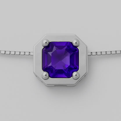 Front view of octagonal amethyst pendant in sterling silver with precision-cut gemstone. A luxurious addition to any jewelry collection.