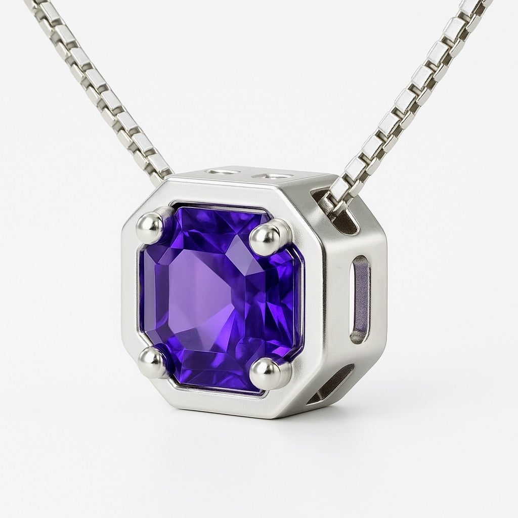 Side angle of sterling silver necklace showcasing octagonal amethyst pendant with open bezel design. Modern and elegant jewelry style.