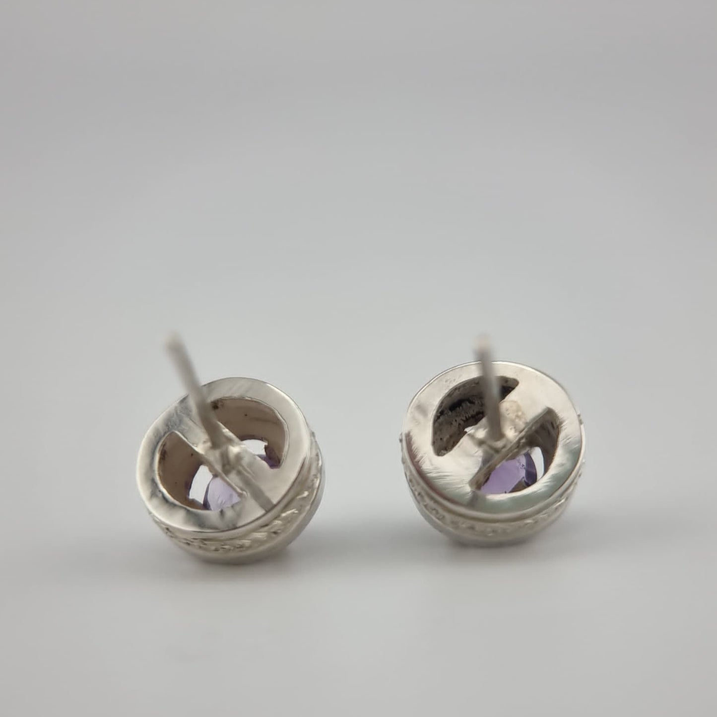Amethyst Stud Earrings in Textured Sterling Silver - Hanna Boya