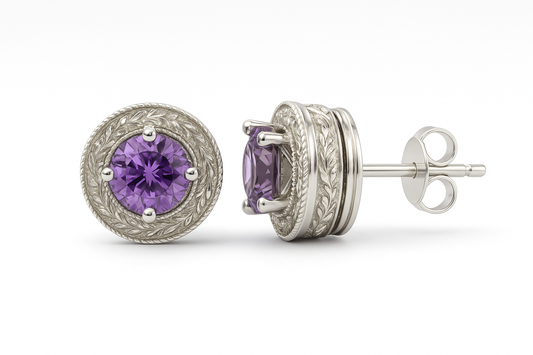 Amethyst Stud Earrings in Textured Sterling Silver - Hanna Boya