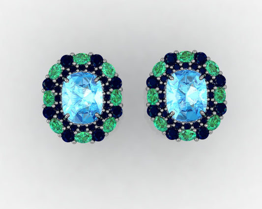 Custom Swiss Blue Topaz Emerald and Sapphire Lever-Back Platinum Earrings - Hanna Boya