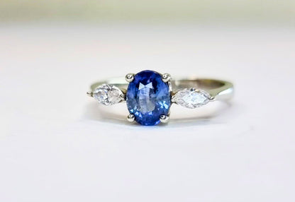 1ct Oval Natural Blue Sapphire and Diamond Platinum Ring - Hanna Boya