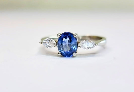 1ct Oval Natural Blue Sapphire and Diamond Platinum Ring - Hanna Boya