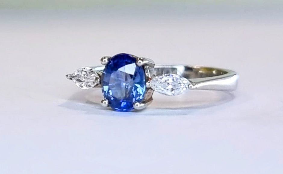 1ct Oval Natural Blue Sapphire and Diamond Platinum Ring - Hanna Boya