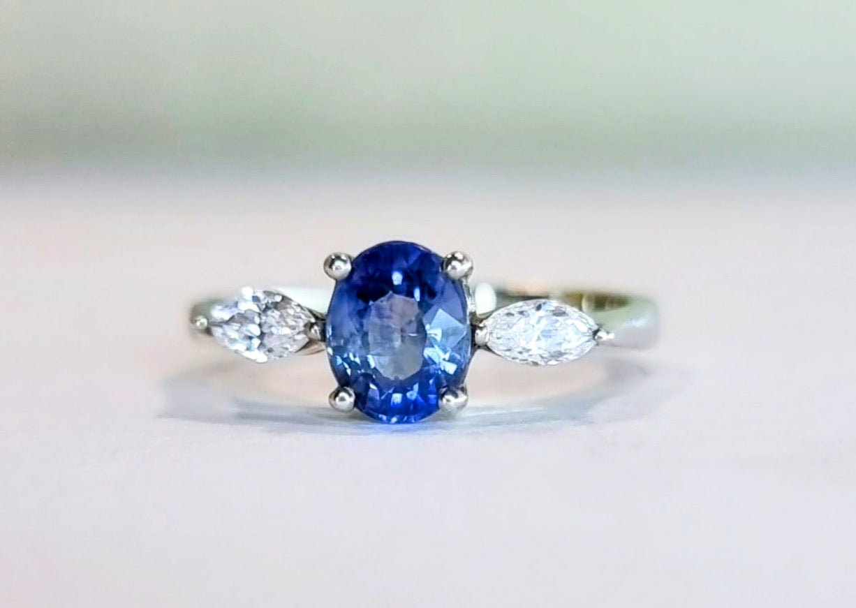 1ct Oval Natural Blue Sapphire and Diamond Platinum Ring - Hanna Boya