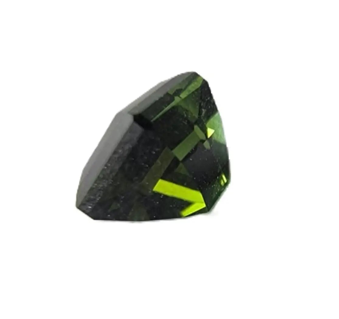 Side view of a 1.25ct square-cut blue-green tourmaline gemstone, emphasizing its depth, clarity, and precision-cut facets.